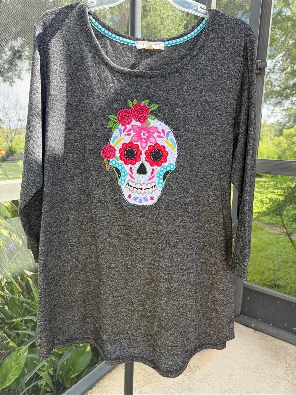 Charcoal Long-Sleeve Tee with Embroidered Floral Sugar Skull